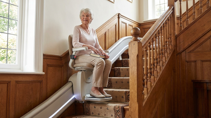 Ein moderner, elektrischer Treppenlift ist an einer Holztreppe in einem klassischen Einfamilienhaus installiert. Eine ältere Dame fährt damit sicher und entspannt in das obere Stockwerk.