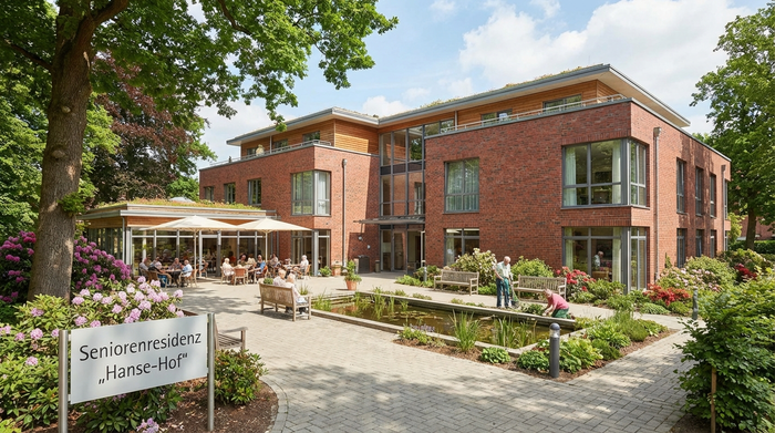 Eine moderne und einladende Außenansicht einer gepflegten Seniorenresidenz in einer norddeutschen Stadt mit rotem Backstein, umgeben von grünen Bäumen und blühenden Sträuchern.