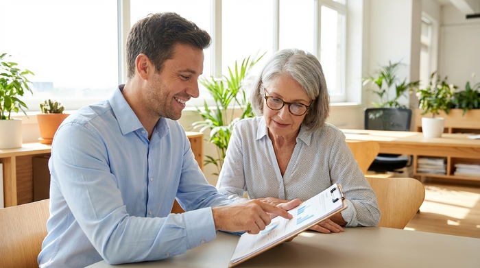 Ein freundlicher männlicher Pflegeberater im hellblauen Hemd erklärt einer aufmerksamen Seniorin geduldig die Details auf einem Klemmbrett in einer hellen, sauberen Büroumgebung.