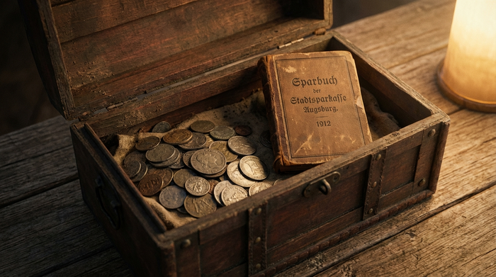 Eine geöffnete antike Holztruhe, in der ein paar alte Münzen und ein Sparbuch liegen, sanft beleuchtet auf einem rustikalen Holztisch.