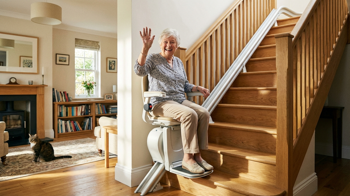 Eine fröhliche ältere Frau fährt sicher mit einem modernen Treppenlift eine gut beleuchtete Holztreppe in ihrem eigenen, gemütlich eingerichteten Zuhause hinauf.
