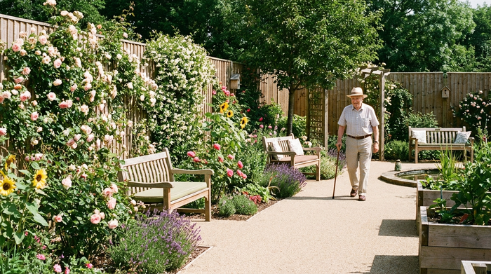 Ein wunderschöner, sicher umzäunter Demenzgarten mit blühenden Blumenbeeten, rollstuhlgerechten Wegen und gemütlichen Holzbänken. Ein älterer Herr spaziert entspannt und sicher durch die grüne, sonnige Anlage.