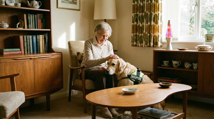 Eine ältere Frau streichelt liebevoll einen ruhigen Therapiehund, der seinen Kopf sanft auf ihren Schoß gelegt hat. Die Szene findet in einem gemütlichen Zimmer mit Retro-Möbeln aus den 1960er Jahren statt.
