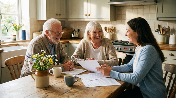 Ein älteres Ehepaar sitzt gemeinsam an einem Holztisch und bespricht in entspannter Atmosphäre Dokumente mit einem freundlichen Berater. Auf dem Tisch stehen Kaffeetassen und frische Blumen.