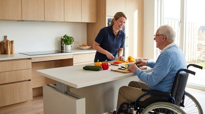 Eine freundliche, professionelle Betreuungskraft kocht gemeinsam mit einem älteren Herrn in einer modernen, barrierefreien Küche. Beide lachen und bereiten frisches Gemüse zu.