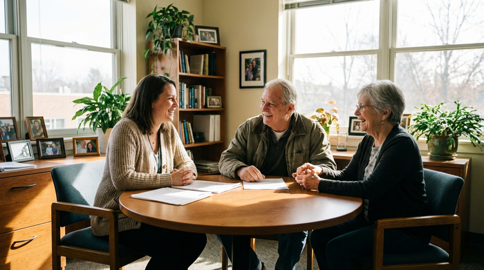Eine freundliche Sozialarbeiterin sitzt mit einem älteren Ehepaar an einem runden Holztisch in einem hellen Büro und bespricht Dokumente. Vertrauensvolle Atmosphäre, professionelles Umfeld, realistische Darstellung, ohne Text.