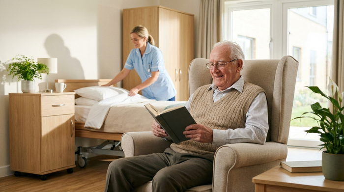 Ein älterer Herr sitzt entspannt in einem bequemen Sessel in einem modernen Pflegeheim-Zimmer und liest ein Buch. Eine freundliche Pflegekraft im Hintergrund richtet das Bett. Helle, freundliche Farben, realistisch, ohne Text.
