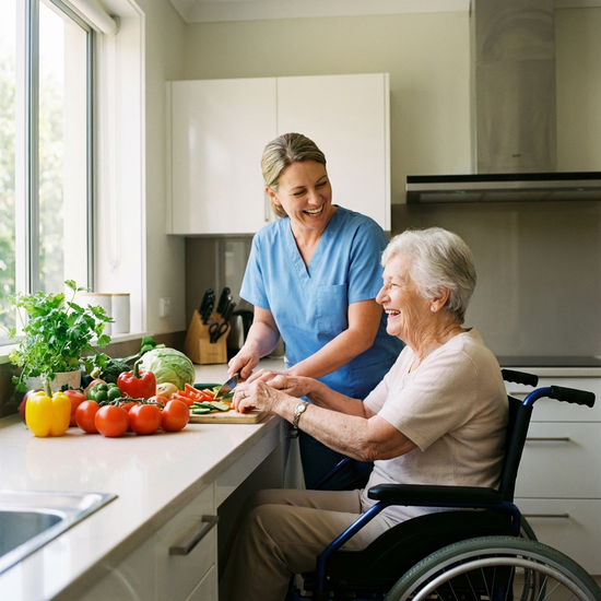 Eine engagierte Betreuungskraft kocht gemeinsam mit einer lächelnden Seniorin in einer sauberen, barrierefreien Küche. Frisches Gemüse liegt auf der Arbeitsplatte. Herzliche Stimmung, helles Licht, ohne Text.