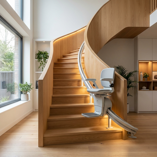 Ein moderner Treppenlift an einer geschwungenen Holztreppe in einem gepflegten Einfamilienhaus. Die Treppe ist gut beleuchtet. Realistische Architekturfotografie, ohne Text.