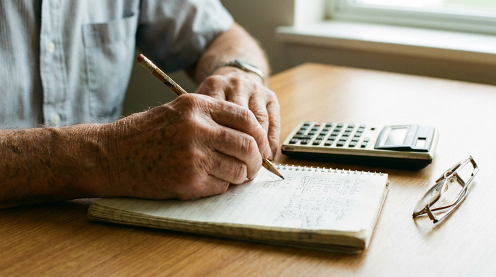 Nahaufnahme von Händen einer älteren Person, die mit einem Stift auf einem Notizblock rechnet. Daneben liegen ein Taschenrechner und eine Brille auf einem aufgeräumten Schreibtisch. Realistisch, fokussiert, ohne lesbaren Text.