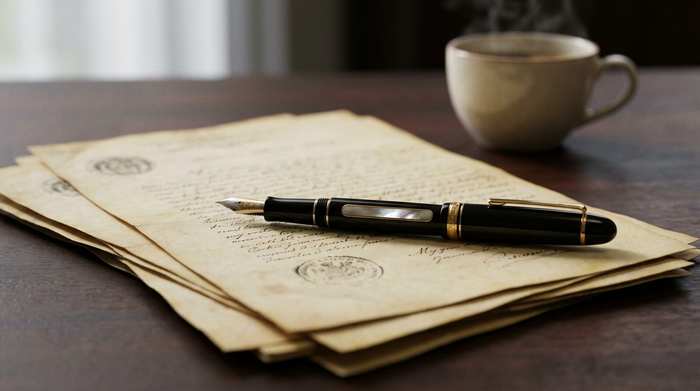 Ein eleganter Füllfederhalter liegt auf einem Stapel wichtiger Dokumente auf einem dunklen Holztisch. Im Hintergrund unscharf eine Tasse Kaffee. Seriöse, ruhige Stimmung, realistisch, ohne lesbaren Text.