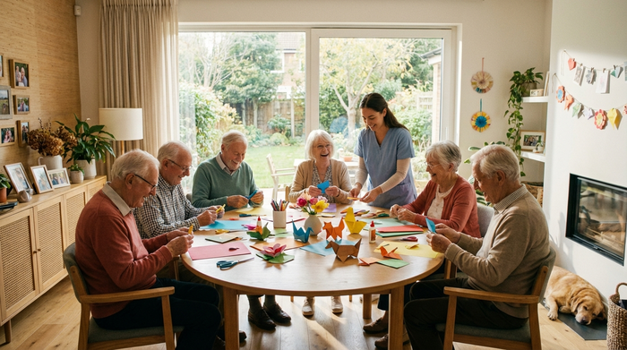Eine Gruppe fröhlicher Senioren sitzt in einer modernen, hellen Tagespflege an einem runden Holztisch und bastelt gemeinsam mit bunten Papieren. Warme Atmosphäre, liebevolle Details.