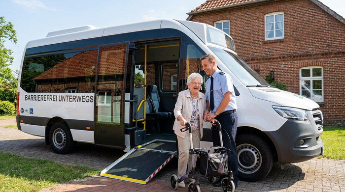 Ein moderner, weißer Kleinbus mit ausgefahrener Rampe steht vor einem Backsteinhaus. Ein freundlicher Fahrer hilft einer lächelnden älteren Dame am Rollator beim sicheren Einsteigen.