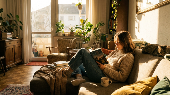 Eine entspannte Tochter sitzt mit einer Tasse Kaffee auf dem Sofa und liest ein Buch, während warmes Sonnenlicht durchs Fenster fällt. Ruhige, erholsame Wohnzimmer-Atmosphäre.