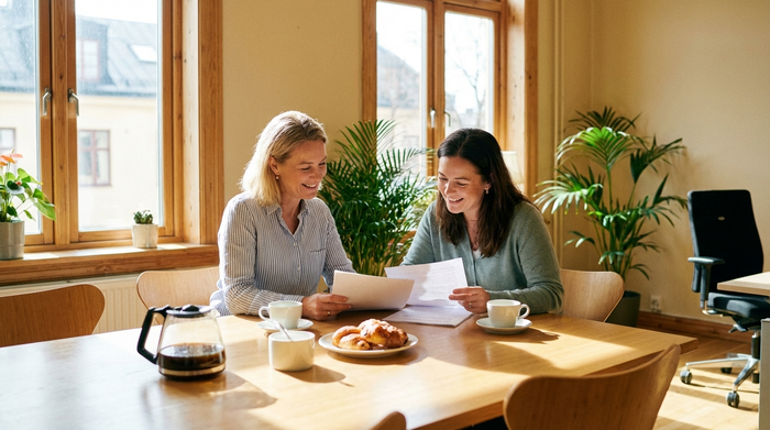 Eine freundliche Beraterin und eine Angehörige sitzen gemeinsam an einem hellen Tisch und gehen entspannt Dokumente durch. Auf dem Tisch stehen Kaffeetassen, die Stimmung ist vertrauensvoll.