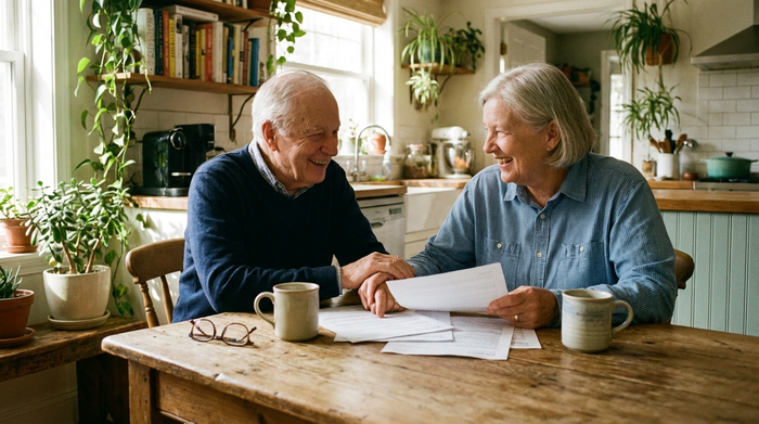 Ein älteres Ehepaar sitzt entspannt an einem Holztisch und bespricht lächelnd Dokumente. Helle, freundliche Umgebung, Kaffeetassen auf dem Tisch, vertrauensvolle und beruhigende Stimmung ohne erkennbaren Text auf den Papieren.