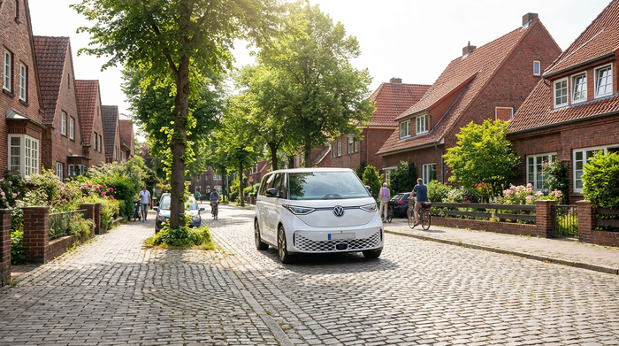 Ein moderner, weißer Kleinbus fährt an einem sonnigen Tag durch ein idyllisches norddeutsches Wohngebiet mit typischen Bremer Backsteinhäusern. Ruhige Straße, grüne Bäume, klare und einladende Umgebung.