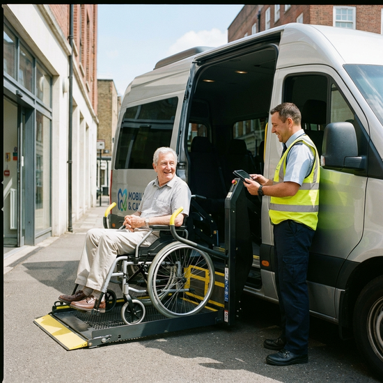 Ein hilfsbereiter Fahrer bedient sorgfältig die hydraulische Hebebühne eines Kleinbusses, auf der ein älterer Herr im Rollstuhl sicher und entspannt sitzt. Moderne Fahrzeugtechnik, sonniges Wetter, professionelle Betreuungssituation.