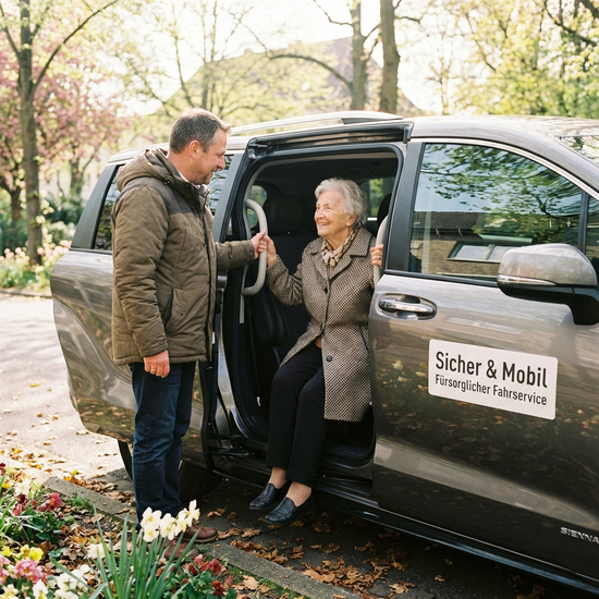 Ein freundlicher Fahrer hilft einer älteren Dame behutsam beim Einsteigen in einen geräumigen Van. Die Dame stützt sich sicher auf einen Haltegriff. Helle, sichere und fürsorgliche Szene.