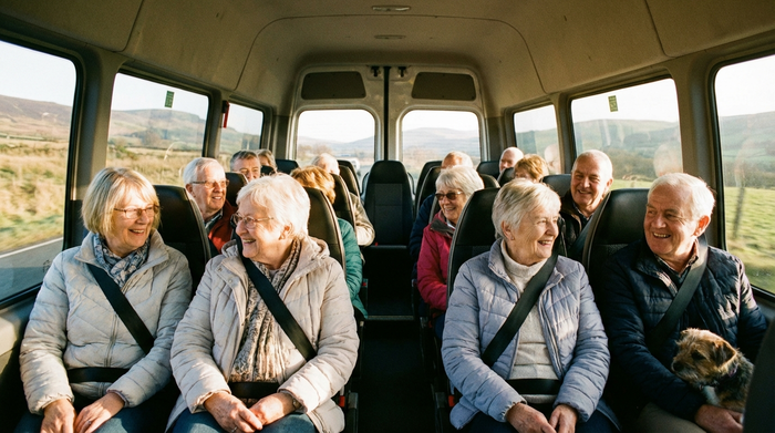 Mehrere fröhliche Senioren sitzen bequem in einem hellen Kleinbus, unterhalten sich angeregt und schauen lächelnd aus dem Fenster. Angenehme Atmosphäre, sichere Sitzplätze, realistische Lichtverhältnisse am Morgen.