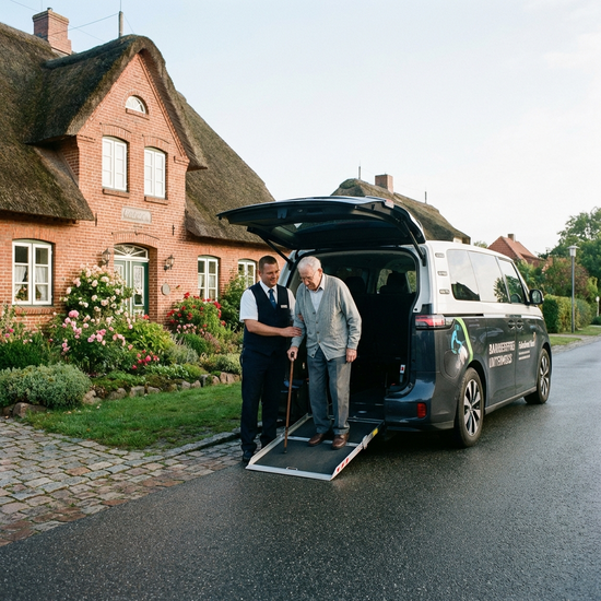 Ein moderner, barrierefreier Kleinbus mit geöffneter Rampe vor einem gepflegten norddeutschen Einfamilienhaus. Ein freundlicher Fahrer hilft einem älteren Herrn mit Gehstock behutsam beim Einstieg. Realistische, alltägliche Szene am Morgen, klares Tageslicht.