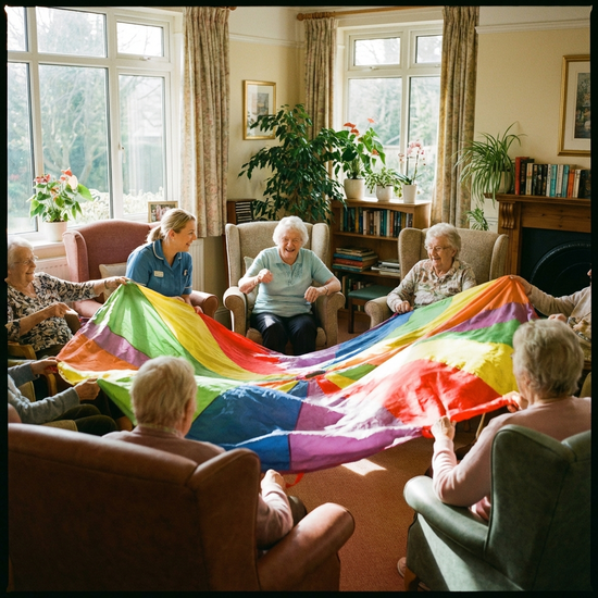 Senioren und eine Betreuungskraft sitzen in einem gemütlichen Stuhlkreis in einem hellen Raum und machen leichte Gymnastik mit bunten Schwungtüchern. Fröhliche Gesichter, aktive und entspannte Stimmung.
