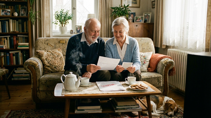 Ein älteres Ehepaar sitzt entspannt auf einem Sofa und schaut zufrieden auf einige Papiere auf dem Couchtisch. Eine Tasse Tee steht daneben. Friedliche, sorgenfreie Atmosphäre im heimischen Wohnzimmer.