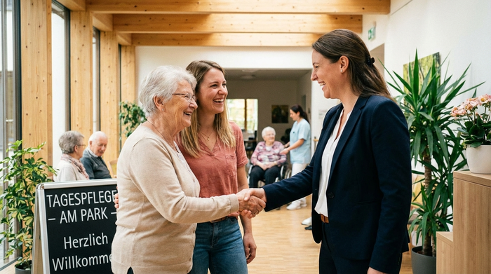 Eine ältere Dame und ihre Tochter stehen lächelnd im Eingangsbereich einer modern eingerichteten Tagespflege und werden von der Einrichtungsleitung freundlich per Handschlag begrüßt. Vertrauensvolle und einladende Szene.