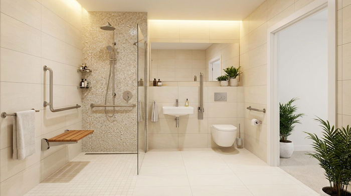 Ein modernes, barrierefreies Badezimmer mit einer bodengleichen Dusche, eleganten Haltegriffen und einem bequemen Duschsitz. Helle Fliesen, sauberes, sicheres und wohnliches Ambiente.