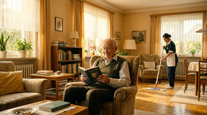 Ein älterer Herr sitzt entspannt in seinem sauberen, sonnendurchfluteten Wohnzimmer und liest ein Buch, während im Hintergrund eine Reinigungskraft unauffällig den Boden wischt. Warme Farben, aufgeräumte und sichere Umgebung.