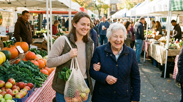 Zwei Frauen unterhalten sich fröhlich beim gemeinsamen Einkaufen auf einem belebten Wochenmarkt mit frischem Gemüse. Eine jüngere Alltagsbegleiterin unterstützt eine Seniorin fürsorglich beim Tragen der Einkaufstasche. Realistische, freundliche Szene im Freien.