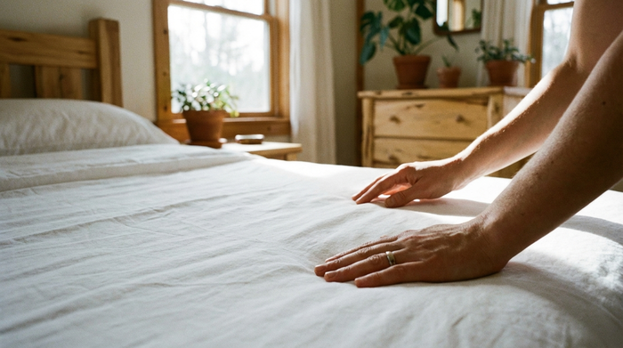 Eine Nahaufnahme von Händen, die sorgfältig frische weiße Bettwäsche auf einem gemütlichen Bett glattstreichen. Helles Schlafzimmer mit Holzmöbeln und sanftem Tageslicht, das Reinheit und Frische ausstrahlt.