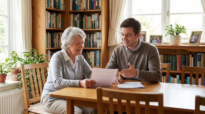 Eine ältere Dame und ein jüngerer Berater sitzen gemeinsam an einem Esstisch und schauen lächelnd auf einige Dokumente. Der Berater erklärt etwas freundlich, helle und vertrauensvolle Atmosphäre in einem privaten Esszimmer.