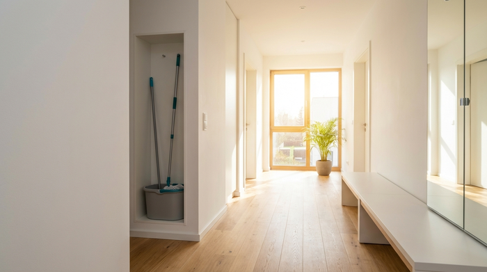 Ein blitzsauberer, gut aufgeräumter Flur in einem modernen Einfamilienhaus. Im Hintergrund sieht man einen Wischmopp und einen Eimer, die ordentlich verstaut sind. Warmer Lichteinfall durch ein großes Fenster, sichere und rutschfeste Umgebung ohne Stolperfallen.