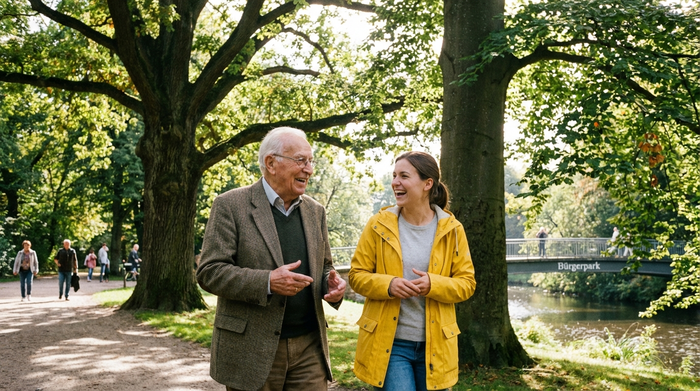 Ein älterer Herr und eine jüngere Alltagsbegleiterin spazieren gemeinsam durch einen grünen Park in Bremen. Beide lächeln entspannt und unterhalten sich angeregt. Sonniges Wetter, große alte Bäume im Hintergrund, harmonische und vertrauensvolle Stimmung.