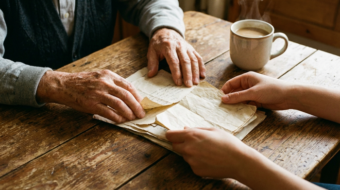 Eine detaillierte Nahaufnahme von älteren Händen, die gemeinsam mit jüngeren Händen Dokumente auf einem rustikalen Holztisch ordnen. Eine Tasse Kaffee steht gemütlich daneben. Fokussierte, unterstützende Atmosphäre, weiches und warmes Licht.