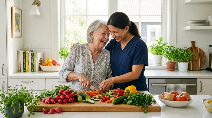 Eine liebevolle Szene in einer hellen Küche: Eine ältere Frau mit grauen Haaren und eine Betreuungskraft bereiten gemeinsam einen frischen Salat zu. Buntes Gemüse liegt auf dem Schneidebrett, beide lachen fröhlich. Saubere, aufgeräumte Arbeitsfläche.