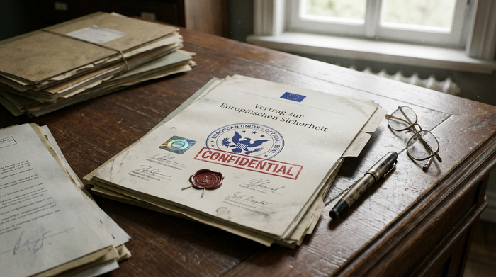 Ein offizielles Dokument mit einem europäischen Stempel liegt auf einem Holzschreibtisch, daneben ein Stift und eine Brille. Fokus auf Sicherheit und Bürokratie in hellem Tageslicht.