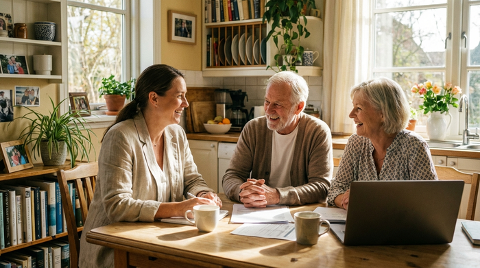 Ein älteres Ehepaar sitzt mit einer Beraterin am Küchentisch und bespricht Unterlagen. Entspannte, vertrauensvolle Stimmung bei einer Tasse Kaffee im sonnigen Raum.
