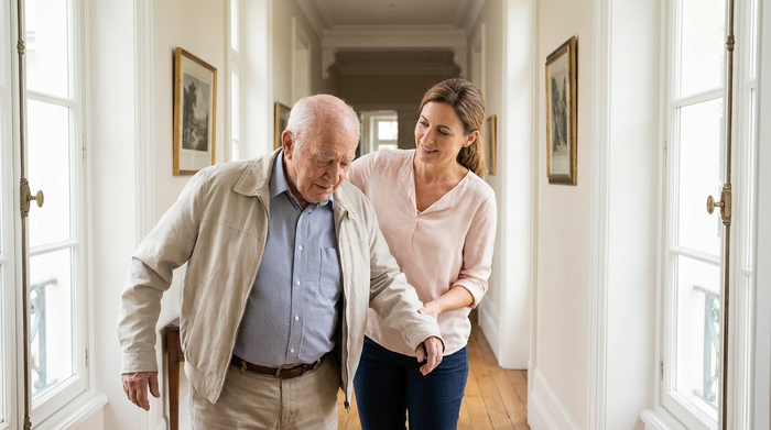 Eine aufmerksame Betreuerin hilft einem älteren Herrn beim Anziehen einer leichten Jacke im Flur eines gepflegten Hauses. Respektvoller Umgang und helle Umgebung.