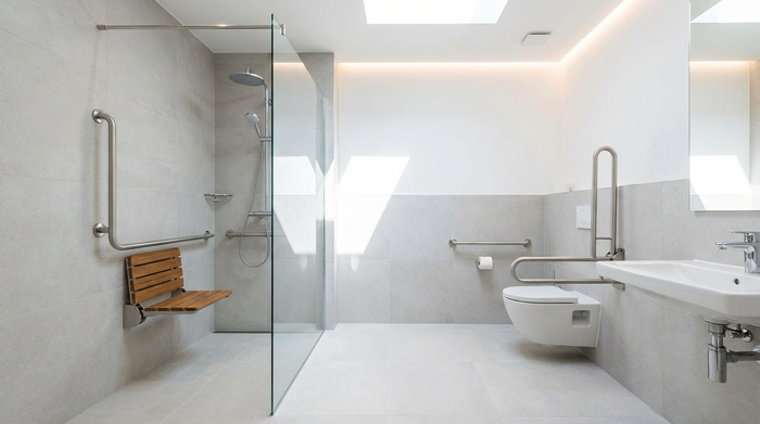 Ein moderner, hell beleuchteter Badezimmerbereich mit einer bodengleichen Dusche, Haltegriffen an den Wänden und einem Duschsitz. Sauber, sicher und barrierefrei eingerichtet.