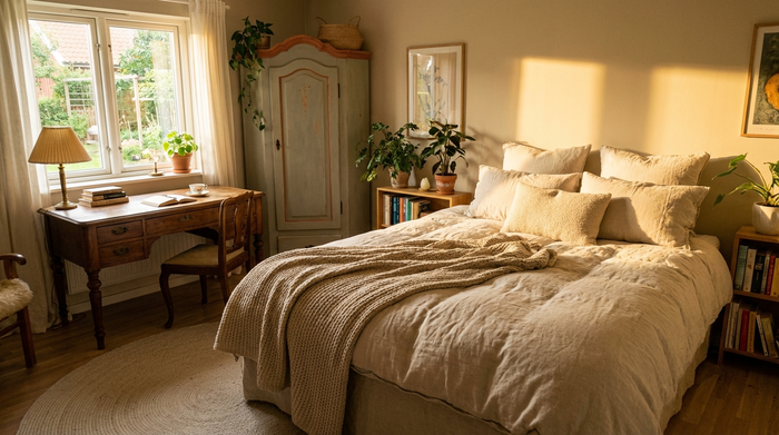 Ein gemütlich eingerichtetes, helles Gästezimmer mit einem bequemen Bett, einem kleinen Schreibtisch am Fenster und einem Kleiderschrank. Einladend und privat.