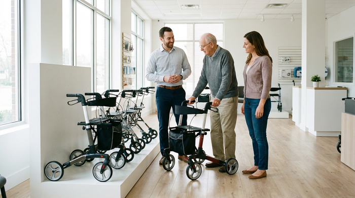 Ein freundlicher Berater in einem modernen Sanitätshaus zeigt einer Tochter und ihrem älteren Vater verschiedene Rollator-Modelle. Helle Beleuchtung, saubere und professionelle Umgebung ohne sichtbare Schriftzüge.