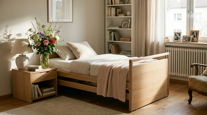 Ein modernes, unauffälliges Pflegebett aus hellem Holz in einem liebevoll eingerichteten Schlafzimmer. Ein frischer Blumenstrauß steht auf dem Nachttisch. Gemütliche, gepflegte Atmosphäre.