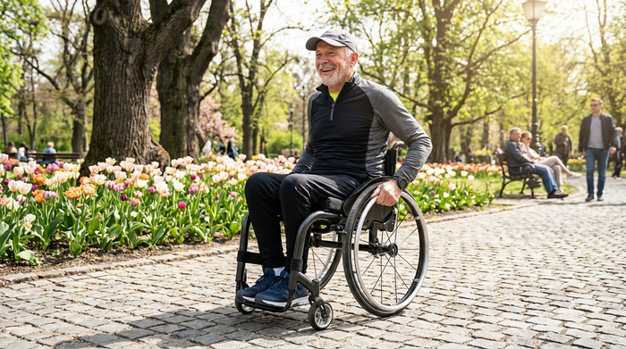Ein aktiver Senior fährt mit einem leichten, modernen Adaptivrollstuhl über einen gepflasterten Weg in einem sonnigen Park. Er lächelt, genießt die Natur und wirkt unabhängig.