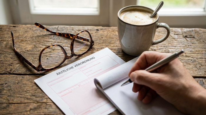 Eine ärztliche Verordnung liegt auf einem rustikalen Holztisch neben einer Lesebrille und einer Tasse Kaffee. Eine Hand hält einen Kugelschreiber, bereit, wichtige Notizen für den Antrag zu machen.