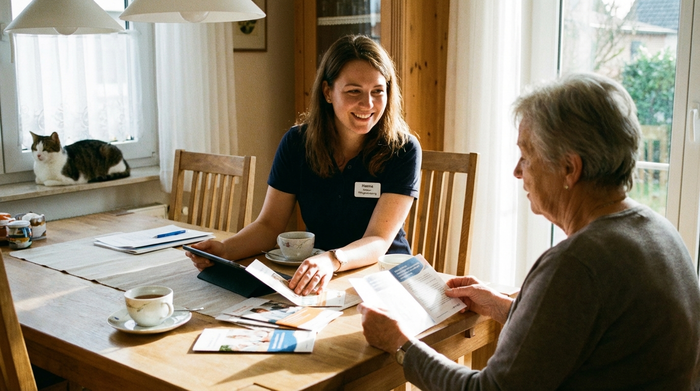 Zwei Frauen sitzen bei einer Tasse Tee am Esstisch und besprechen entspannt Informationsmaterialien. Eine der Frauen ist eine professionelle Pflegeberaterin, die unterstützend und freundlich lächelt.