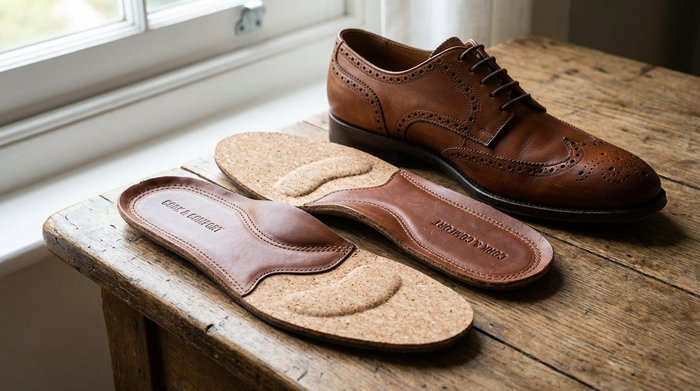 Nahaufnahme von hochwertigen, maßgefertigten Kork-Leder-Einlagen, die neben einem eleganten, bequemen Lederschuh auf einem sauberen Holztisch liegen. Weiches, natürliches Licht beleuchtet die ergonomische Form der Einlagen.