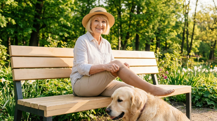 Eine aktive Seniorin sitzt auf einer hellen Parkbank und richtet lächelnd ihren modernen, eleganten Kompressionsstrumpf, der wie eine normale, modische Feinstrumpfhose aussieht. Sie ist umgeben von grünen Bäumen an einem sonnigen Frühlingsmorgen.