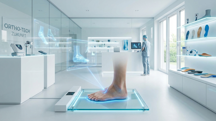 Ein moderner, heller Raum in einem Sanitätshaus mit einem leuchtenden 3D-Laserscanner am Boden. Ein Fuß steht auf der beleuchteten Glasplatte, während ein bläulicher Laser die Konturen sanft abtastet. Futuristische und saubere medizinische Atmosphäre.